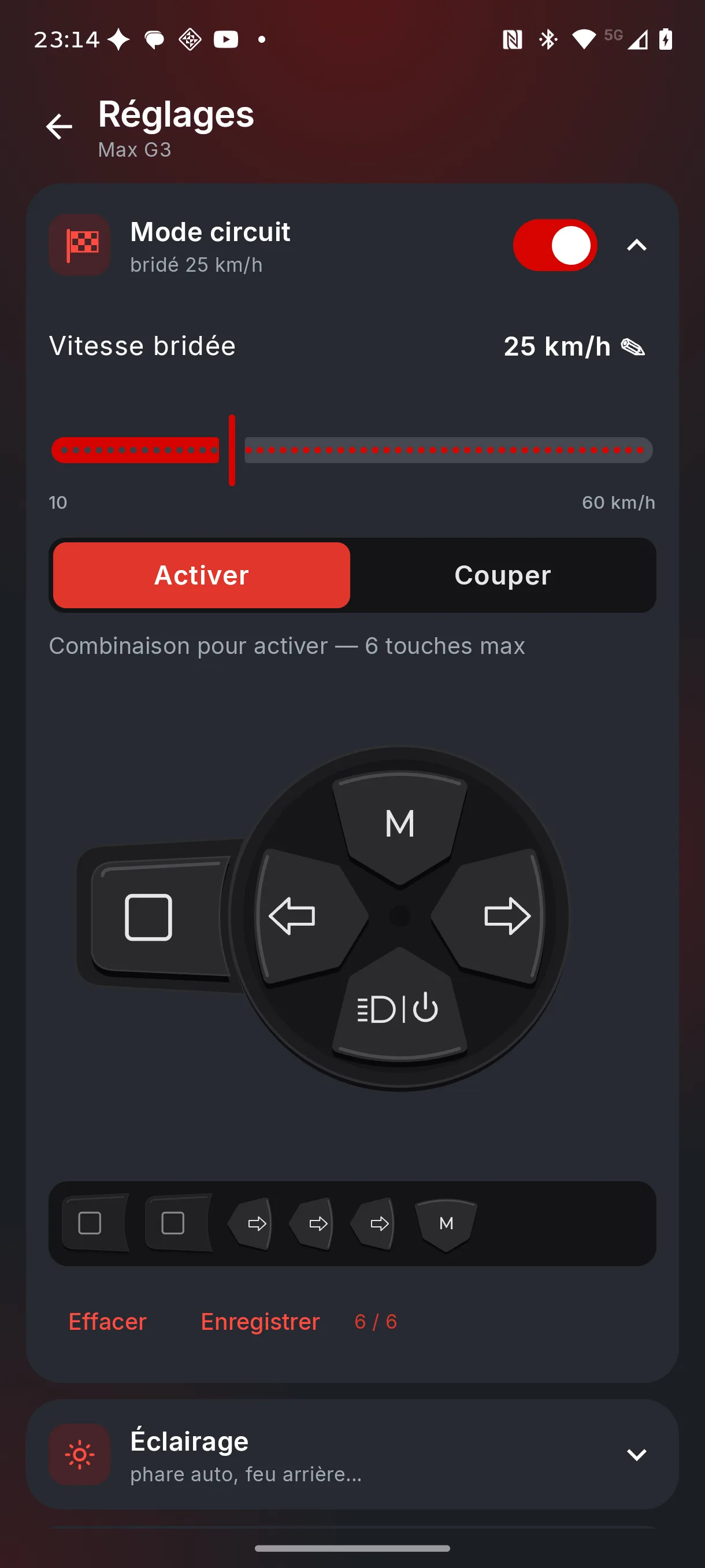 Circuit mode in the app, key combination