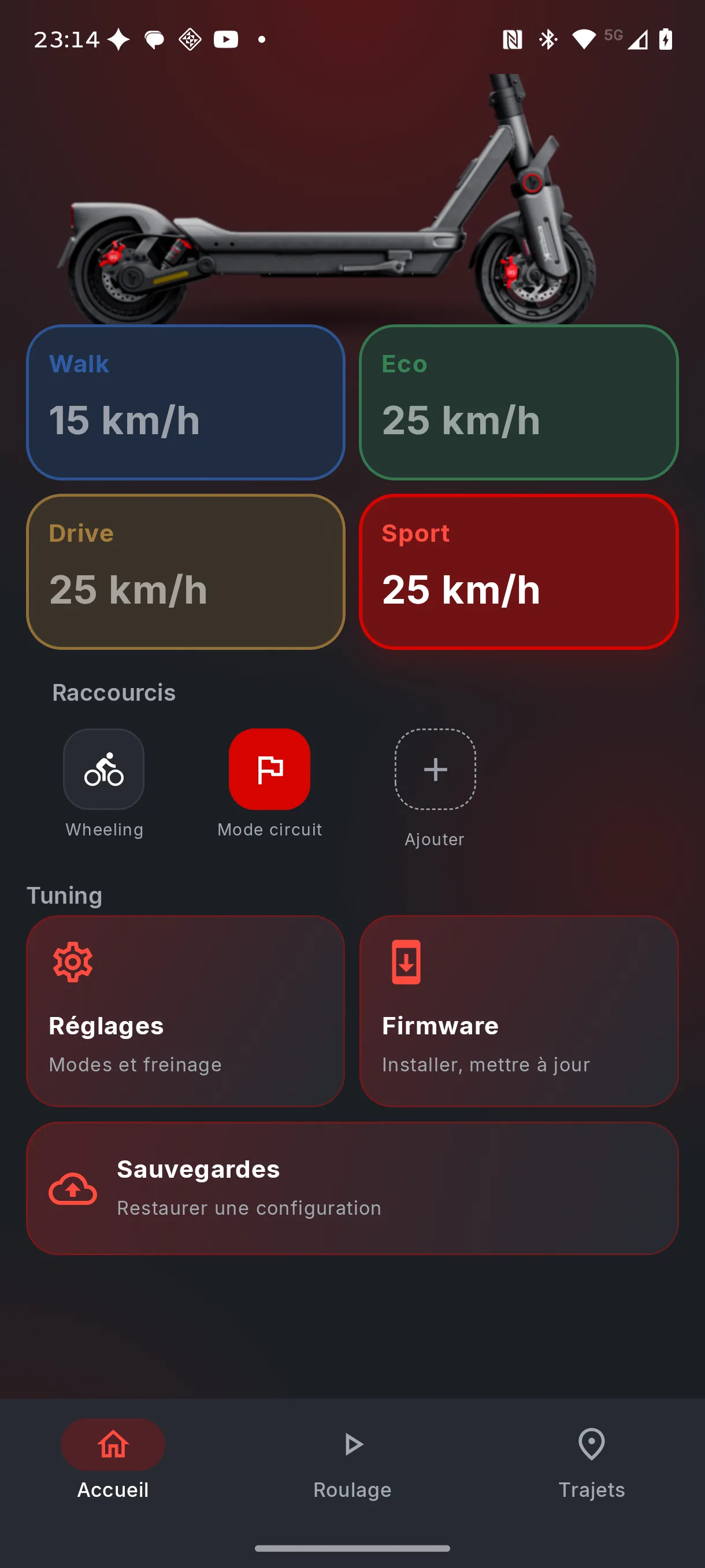 Wheeling mode shortcut on the app home screen